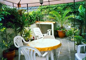 Möblierte Terrasse inmitten von Grünpflanzen Möblierte Terrasse inmitten von Grünpflanzen